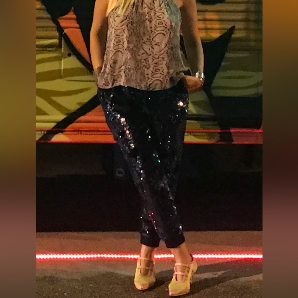 Ett:twa by Anthropologie Blue Sequin Jogger Pants Size S